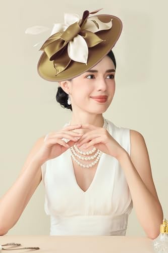 BABEYOND Derby Hats for Women Wide Brim Flower Feather Tea Party Fascinator - color: Coffee