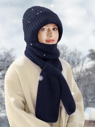 Sumolux Integrated Ear Protection Windproof Cap Scarf Elastic Knitting - color: Navy Blue