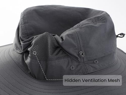 Connectyle Sun Hat for Men Women Outdoor UV Protection Safari Hat for Fishing Hiking Gardening Breathable Cowboy Hat UPF50 - color: Dark Grey