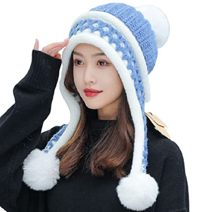 HUAMULAN Women Winter Peruvian Beanie Hat Ear Flaps Fleece Lining - color: Blue White