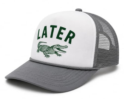 Later Gator Trucker Hat for Men & Women Funny Foam Front Classic 5 Panel Snapback - color: White/Grey