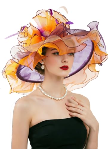 ORIDOOR Women Hats Headband Hairpin Organza Fascinator Church Hat Floral Tea Party Wedding Hat - color: 003a-orange