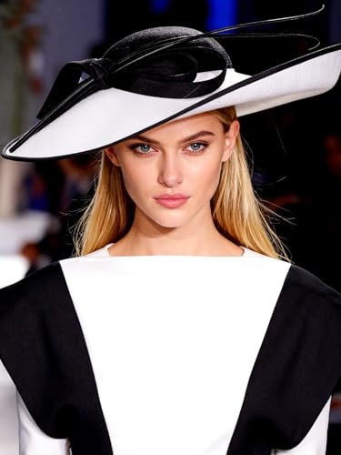 Big Wide Brim Fascinator Hats for Women Ladies Kentucky Tea Party Dress Flat Top Fedoras Hat with Bow Feather - color: Black With White