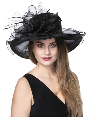 Haojing Women's Organza Church British Fascinator Bridal Tea Party Wedding Hat Summer Ruffles Cap - color: Hj23-black