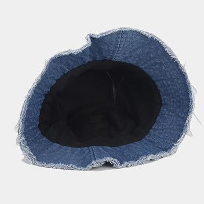 Quanhaigou Frayed Unisex Sun Hats, Fashion Beach Bucket Hat for Men Women,Summer Outdoor Boy's Girls Boonie Cap - color: Frayed Denim Blue