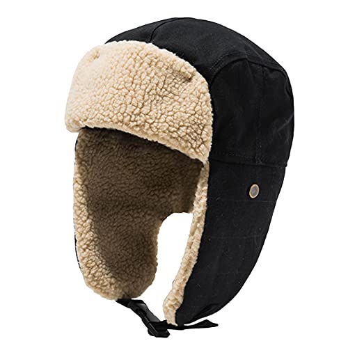 Unisex Winter Hats with Ear Flaps Cotton Trapper Hat Aviator Windproof Ski Cap Buckle Closure Ushanka Outdoor - color: A-black