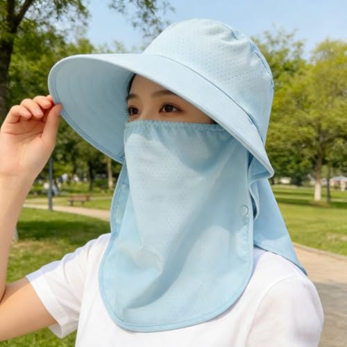 UPF 50+ 3-in-1 Sun Hat for Women, Wide Brim UV Protection Visor Hat with Detachable Neck Flap & Face Cover - color: Blue