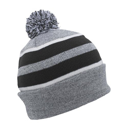 Pacific Headwear Unisex Adult Pacific Headwear Knit Fold Over Pom-pom Beanie - color: Heather/Black/White, size: One Size