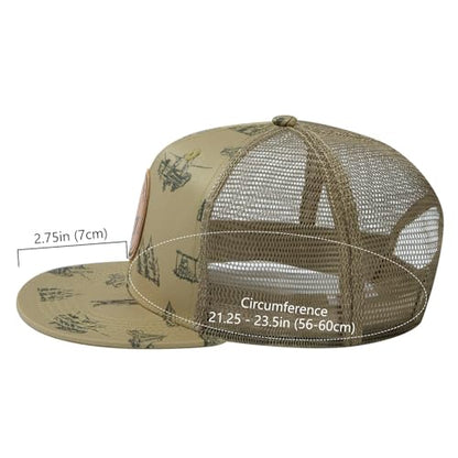 BASSDASH Flat Brim Trucker Cap Adjustable Snapback Hat Mesh Back for Men Women - color: Khaki Camping