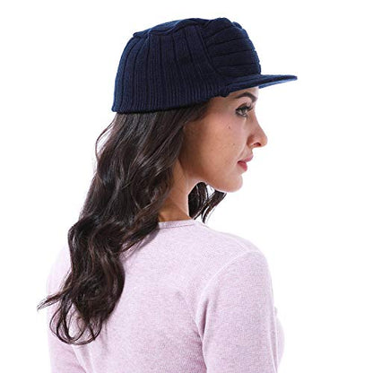 Solaris Army Style Flat Top Knit Cap Beanie WinterHat with Visor, for Women & Men - color: Navy