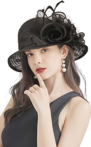 Organza Fascinator Hat - Women’s Wide Brim Church Bridal Tea Party Wedding Hat - color: 03-laceblack