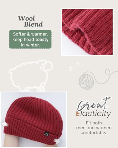 Hat Hut Wool Beanie Satin Lined Winter Hats Slouchy Beanie with Silk Lining Warm Wool Knit Ski Hat Cuffed Cap Women Men - color: Dark Red