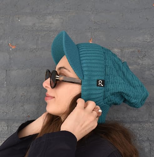 C.C Fuzzy Fleece Lined Warm Oversized Chunky Soft Stretchy Oversized Two Way Ribbed Slouchy Knit Hat with Visor Brim - color: Teal Blue