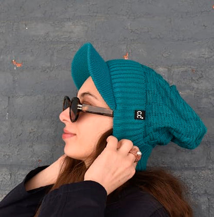C.C Fuzzy Fleece Lined Warm Oversized Chunky Soft Stretchy Oversized Two Way Ribbed Slouchy Knit Hat with Visor Brim - color: Teal Blue