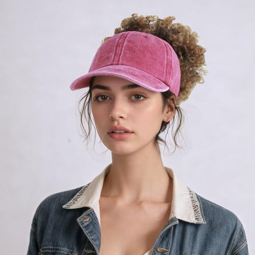 2 Pack Backless Cap for Women Natural Curly Hair Hat Baseball Cap Afro Puff Ponytail Hat - color: Black+red