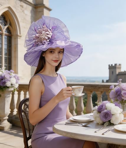 Organza Church Derby Hats for Women Wedding Tea Party Fascinator Floral Wide Brim Sun Hat - color: Style01 Lavender Purple