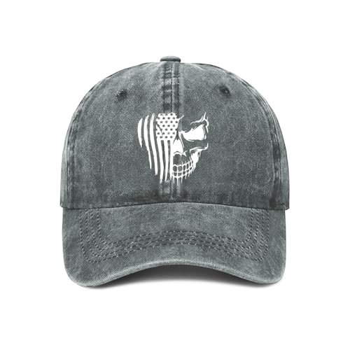 American Flag and Skull Baseball Cap Adjustable Vintage Washed Cotton Hats Gift for Men Women - color: Grey