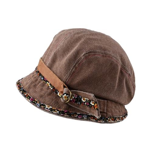 Women Denim Bucket Hat Brim with Floral Foldable Versatile Cap - color: Coffee