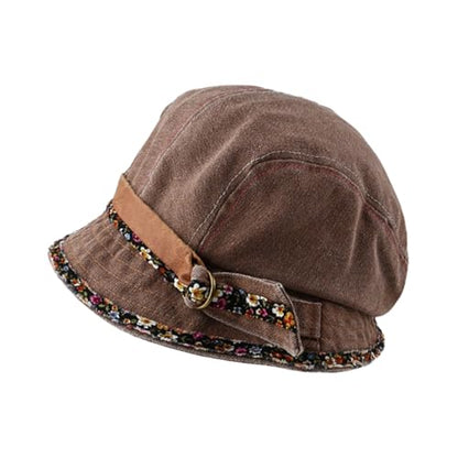 Women Denim Bucket Hat Brim with Floral Foldable Versatile Cap - color: Coffee