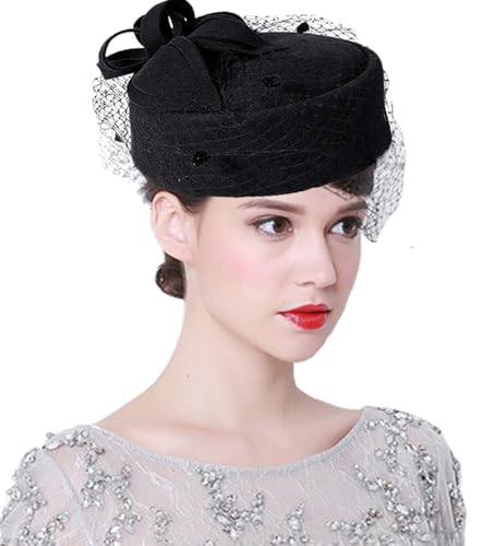ORIDOOR Women's British Style Pillbox Church Derby Wedding Winter Vintage Fascinator Beret 100% Wool Felt Veil Hat - color: 05a-black