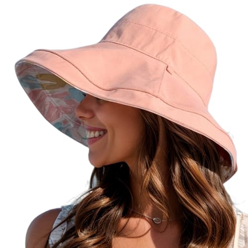 Wide Brim Sun Hats for Women UV Protection Reversible Bucket Hat Foldable Beach Hats Summer Hat for Garden Travel - color: Pink Petals