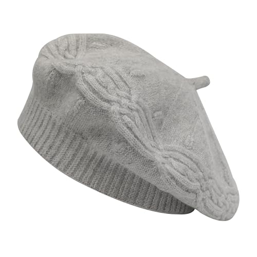 ZLYC Women French Beret Hat Reversible Solid Color Knit Warm Artist Cap - color: Cable Knit Gray