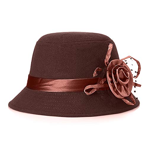 Glamorstar Vintage Felt Cloche Hat Winter Floral Fedora Bucket Hat Bowler Hats - color: Dark Coffee