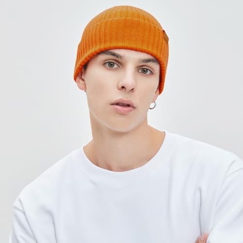 100% Merino Wool Fisherman Beanie Hat, Unisex Warm Winter Hats, Soft Breathable Knitted Short Cuffed Cap - color: Orange