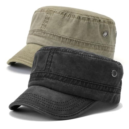 2 Pack Military Caps for Men Women, Washed Cotton Cadet Army Hats - color: Black+khaki