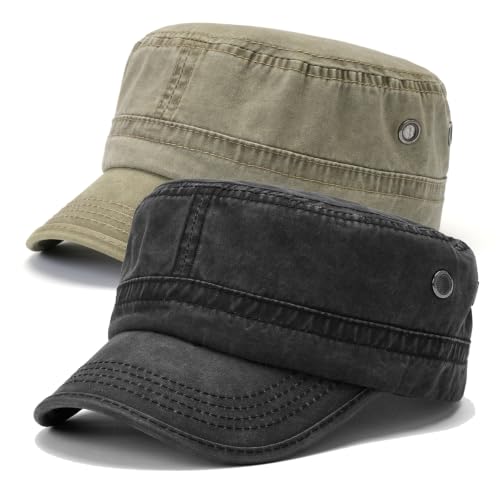 2 Pack Military Caps for Men Women, Washed Cotton Cadet Army Hats - color: Black+khaki