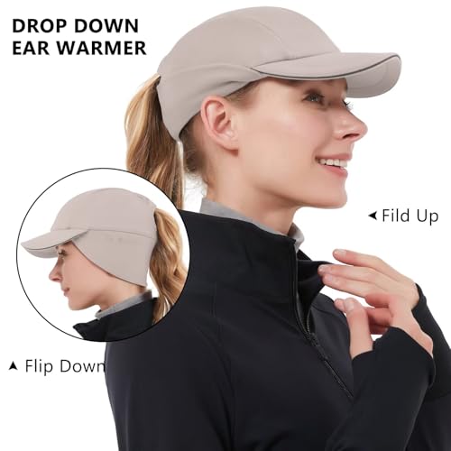 GADIEMKENSD Women's Winter Reflective Fleece Ponytail Hat with Drop Down Ear Warmer - color: Khaki