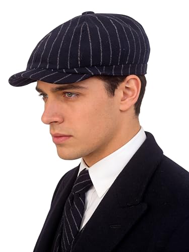 Adult 1920s Newsboy Cap for Men British Gangster Style Costume Baker Wool 8-piece Cap Halloween - color: Navy Stripe, size: L (23.6")