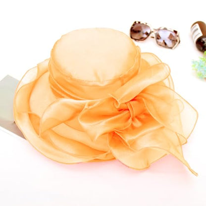 Women's Kentucky Derby Church Dress Hat Wide Brim Leaf Flower Bridal Shower Hat - color: S8 Orange