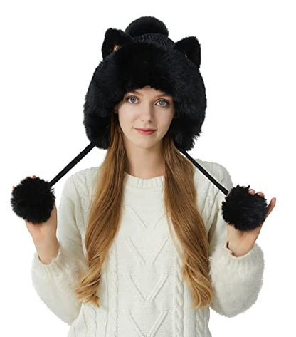 HUAMULAN Women Winter Sherpa Knit Beanie Hat Fleece Lined Ear Flaps - color: Black Solid