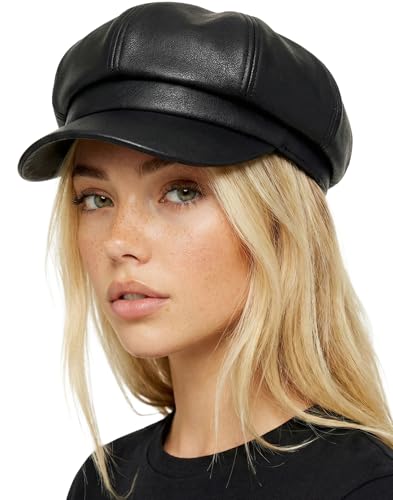 Funky Junque Women's Newsboy Cabbie Cap, Vintage Baker Boy Hat - color: Faux Leather - Black