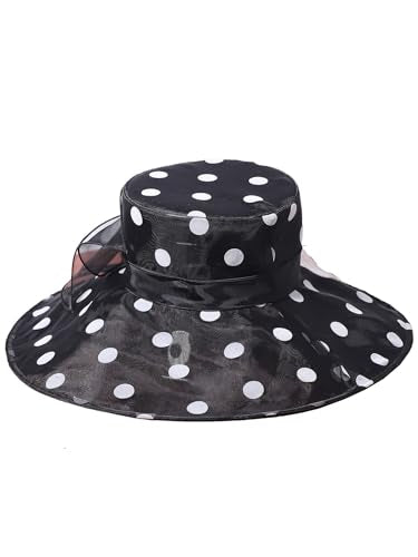 Organza Kentucky Dots Fascinator Hat for Women Ladies Wide Brim Big Sun Hats Wedding Church Hat Derby Cap - color: Black and White