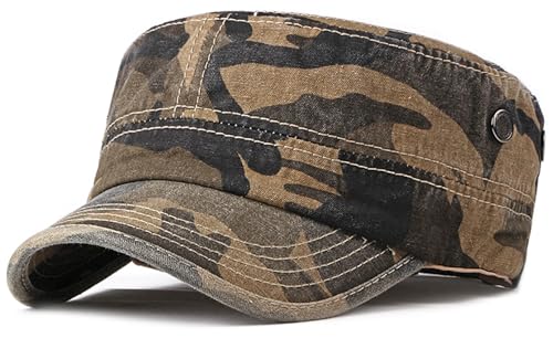 Military Cadet Army Cap for Men Women – Washed Cotton Vintage Adjustable Flat Top Hat - color: Brown Camo