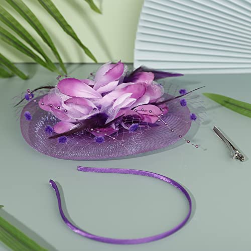 JWICOS Fascinators Hat for Women 50s Flower Hat with Veil Cocktail Wedding Tea Party Church Derby Hat - color: Purple