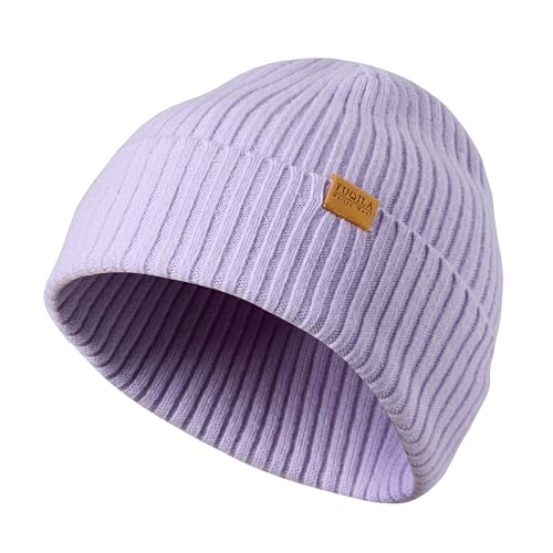 100% Merino Wool Cuff Beanie Hat, Unisex Warm Winter Caps Soft, Breathable & Cozy Stretchy Knitted Cuffed Cap - color: Light Purple