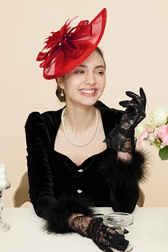 Gionforsy Fascinator Hats for Women Flower Tea Party Hats Pillbox Hat - color: Red