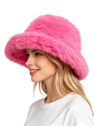 Lina & Lily Oversized Winter Faux Fur Bucket Hat for Women - Long Pile Fur Wide Moldable Brim - color: Hot Pink
