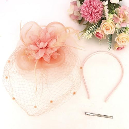 Semato Fascinators Hats for Women Mesh Feathers Elegant Peach Pink Tea Party Kentucky Hat Derby Headband with Hair Clip - color: Peach Pink
