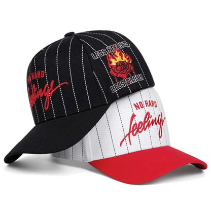 No Hard Feelings Snapback Cap Striped Trucker Hat - color: White