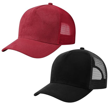 Suede Curved Brim Trucker Cap Adjustable Snapback Hat Mesh Back Breathable for Men Women 2 Pack SH03 - color: Pack of 2, Black & Red