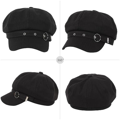 Women Cotton Blend Newsboy Cap Cabbie Paperboy Painter Visor Hat - color: Black
