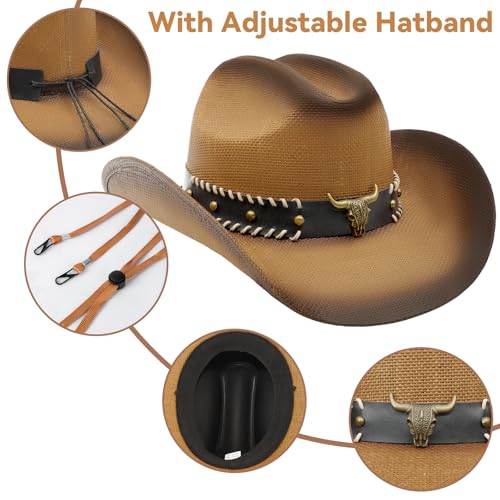 WQWOVRVO Cowboy Hat,Cowgirl hat,Brown Cowboy Hats for Women/Mens Straw Wide with Shapeable Brim Western Cowboy Hat for Womens - color: Brown & Coffee Color B