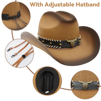 WQWOVRVO Cowboy Hat,Cowgirl hat,Brown Cowboy Hats for Women/Mens Straw Wide with Shapeable Brim Western Cowboy Hat for Womens - color: Brown & Coffee Color B
