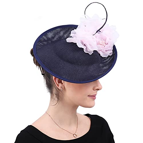 ORIDOOR Women Fascinators Derby Church Tea Party Wedding Flower Feathers Headpiece with Headband Clips - color: Navy