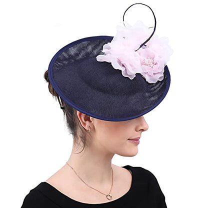 ORIDOOR Women Fascinators Derby Church Tea Party Wedding Flower Feathers Headpiece with Headband Clips - color: Navy