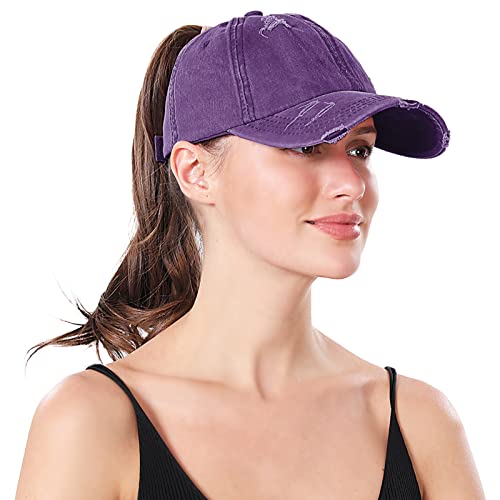 Criss Cross Ponytail Hat Women Washed Distressed Baseball Caps Adjustable High Messy Bun Ponycap - color: B - Denim Purple